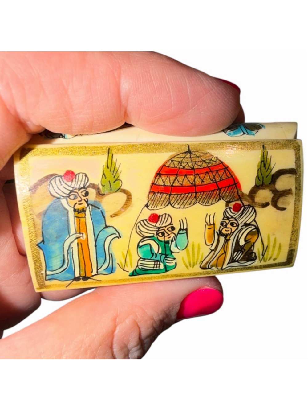 Mini Hand Painted Camel Bone Trinket Box Removable Lid Persian Arabian Scene Vtg